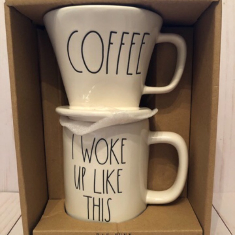 Rae Dunn White Coffee Mug Duo coffee drip with mug. I Woke Up Like This Mug